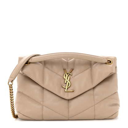 Saint Laurent Lambskin Quilted Small Loulou Puffer Monogram Chain Satchel Dark Beige 1 of 13