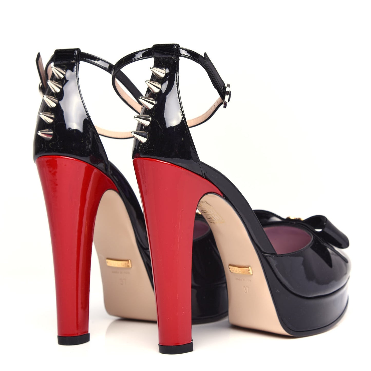 Patent Crystal GG Bow Sadie Spike Ankle Strap d'Orsay Platform High Heel Pumps 37 Black