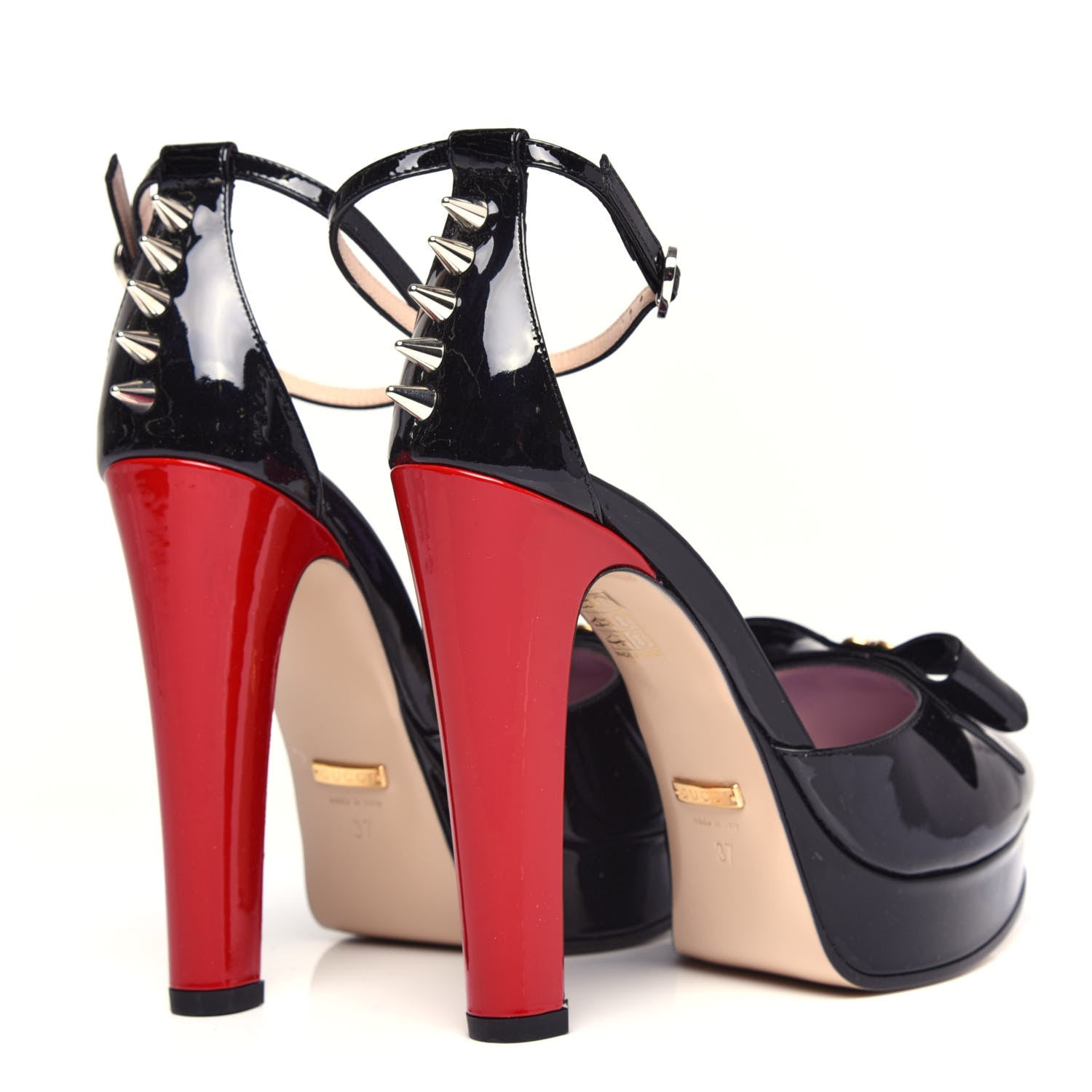 Gucci Patent Crystal GG Bow Sadie Spike Ankle Strap d'Orsay Platform High Heel Pumps 37 Black 4 of 11