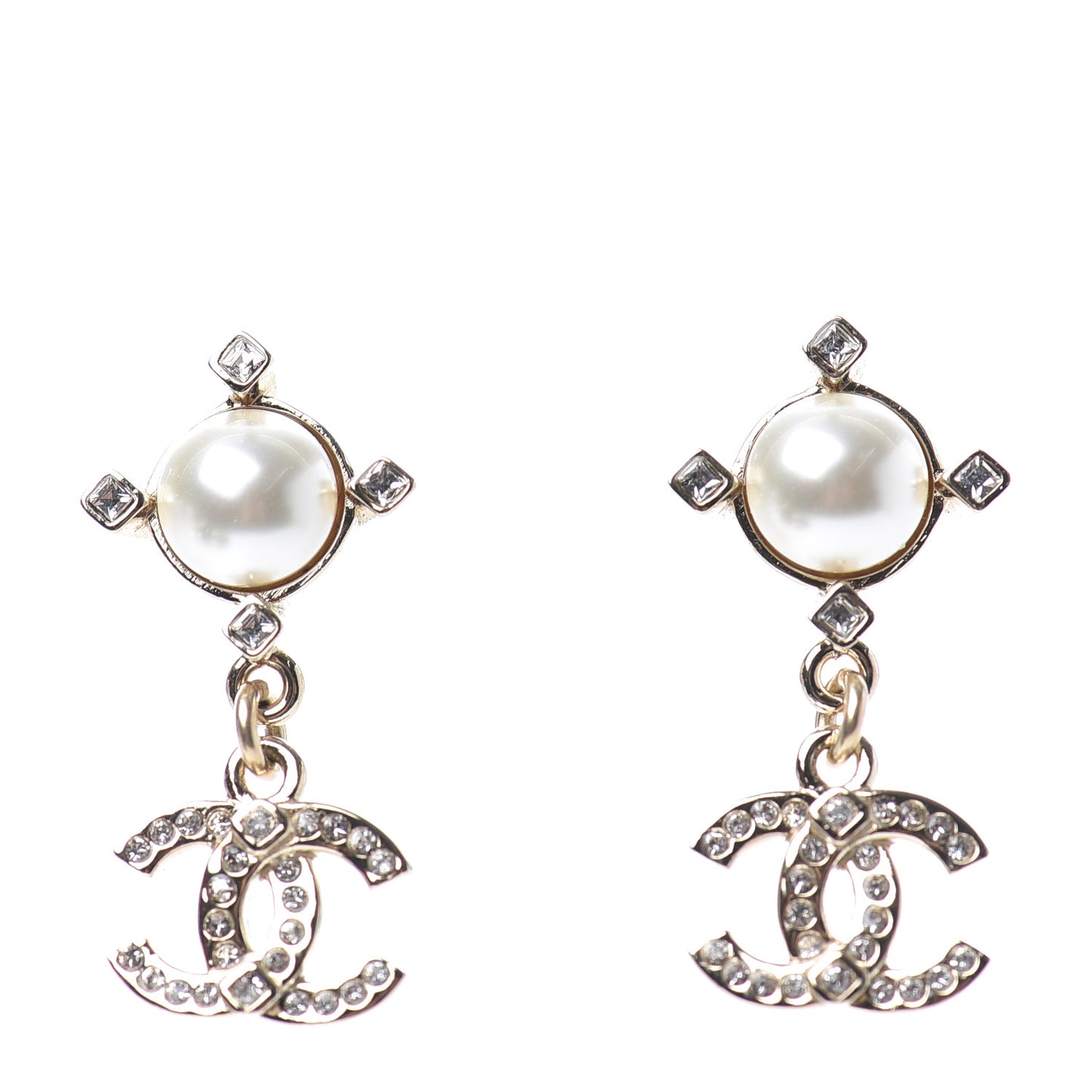 Crystal Pearl CC Drop Earrings Gold