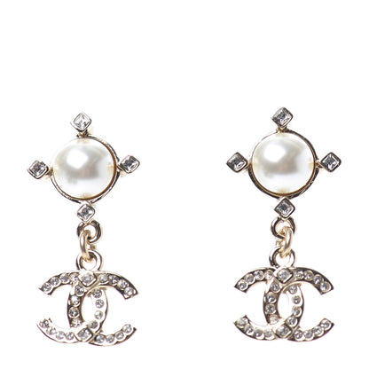 Chanel Crystal Pearl CC Drop Earrings Gold 1 of 4