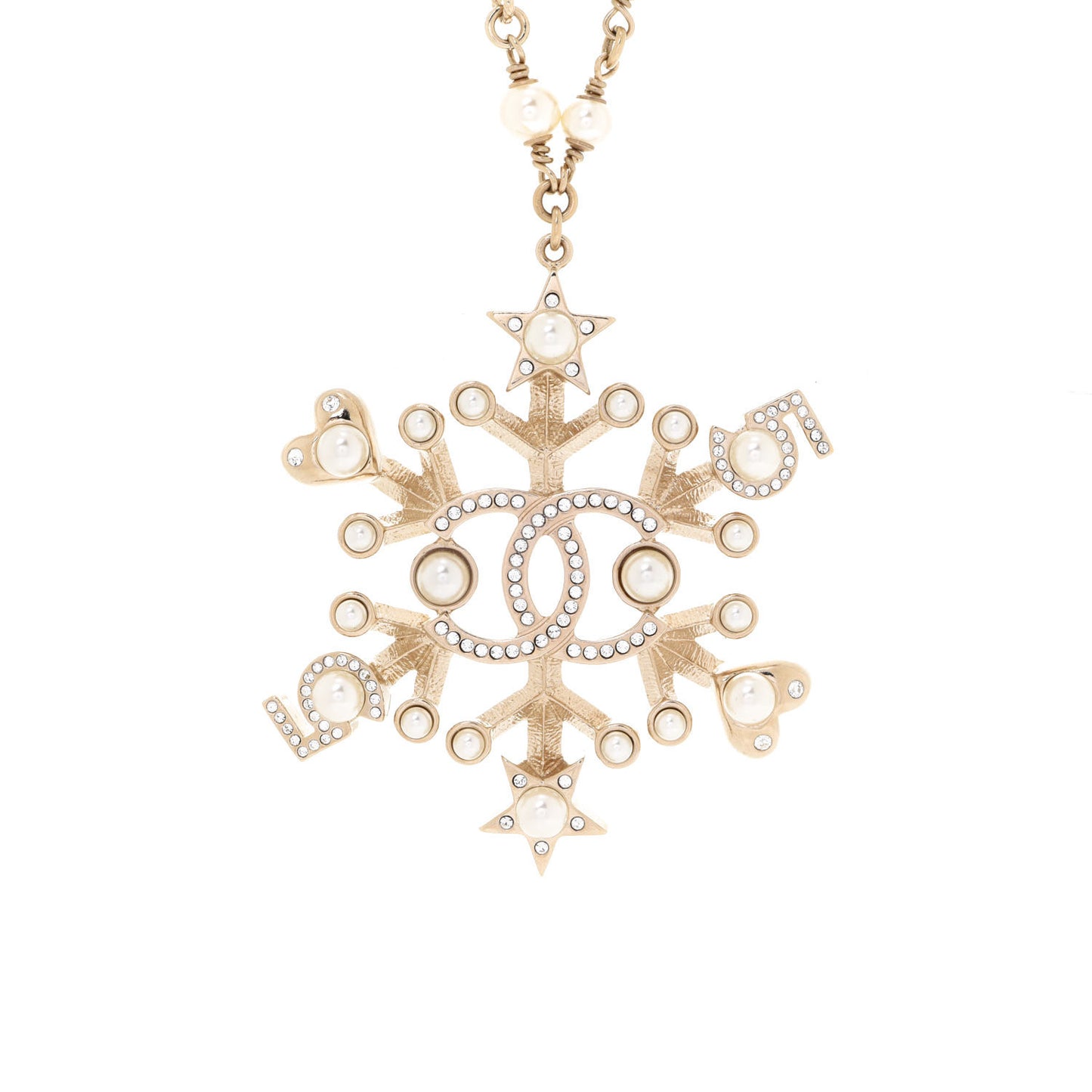 Crystal Pearl Hearts CC Pendant Necklace Gold