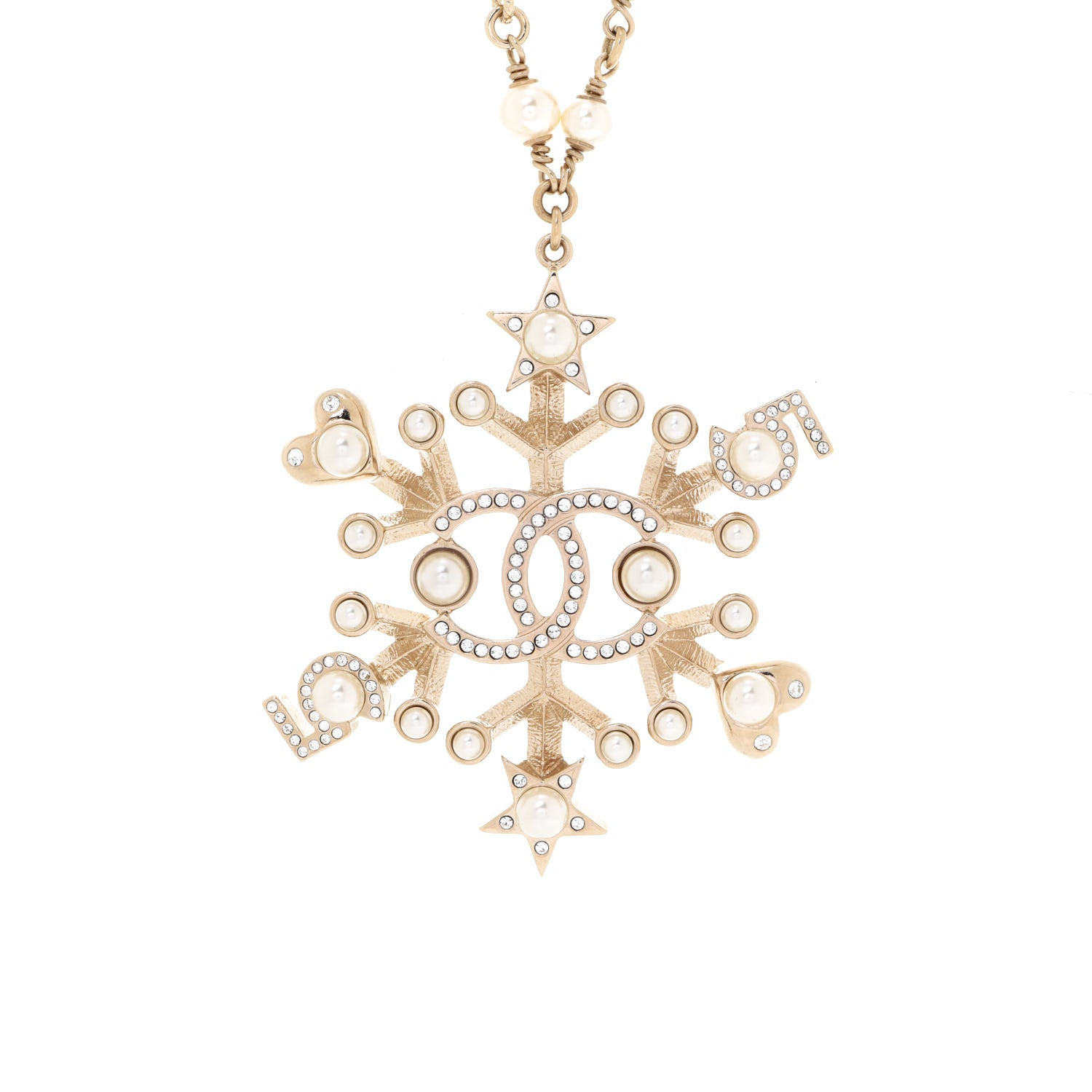 Chanel Crystal Pearl Hearts CC Pendant Necklace Gold 4 of 6