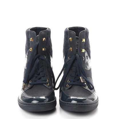 Louis Vuitton Calfskin Patent Suede Monogram Cliff Top Wedge Sneakers 39 Navy 2 of 8
