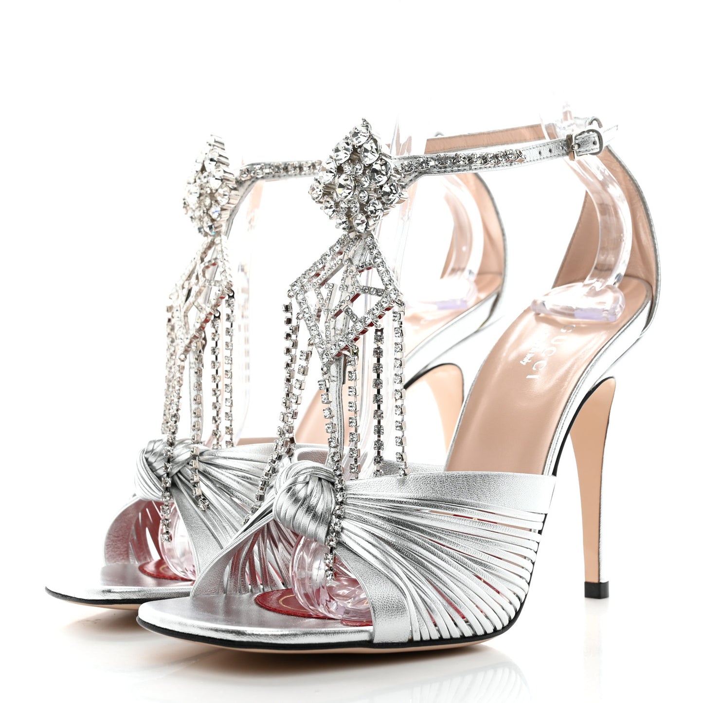 Metallic Nappa Crystal Crawford Strap High Heel Sandals 37 Silver