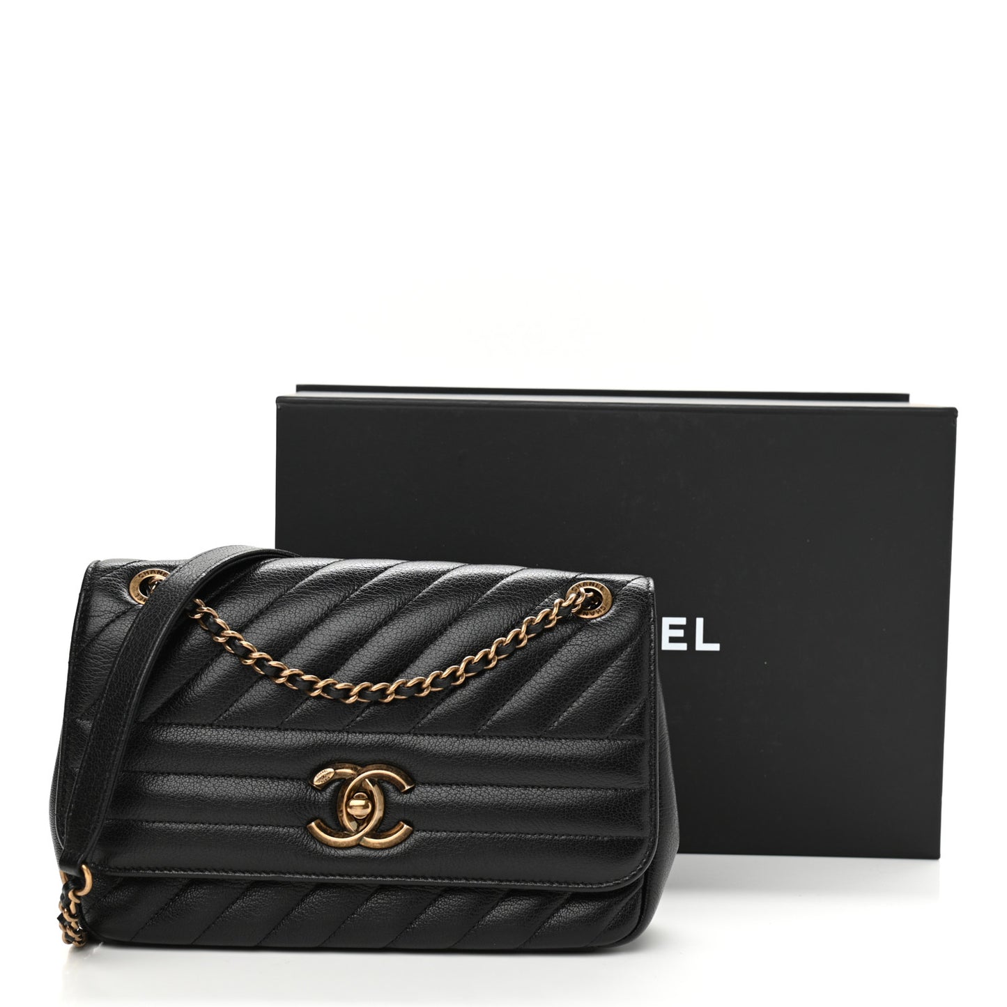Shiny Goatskin Diagonal Quilted Small Flap Black