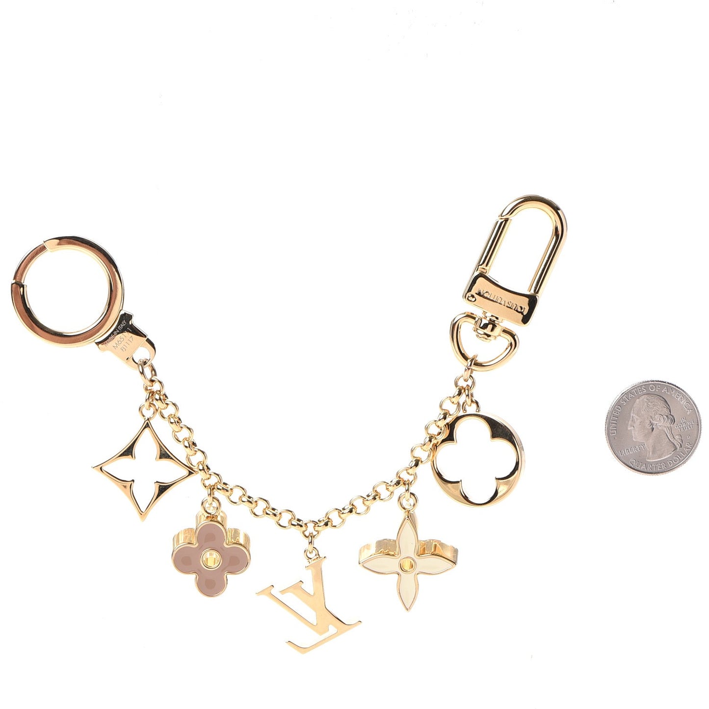 Brass Enamel Fleur De Monogram Bag Charm Chain Gold