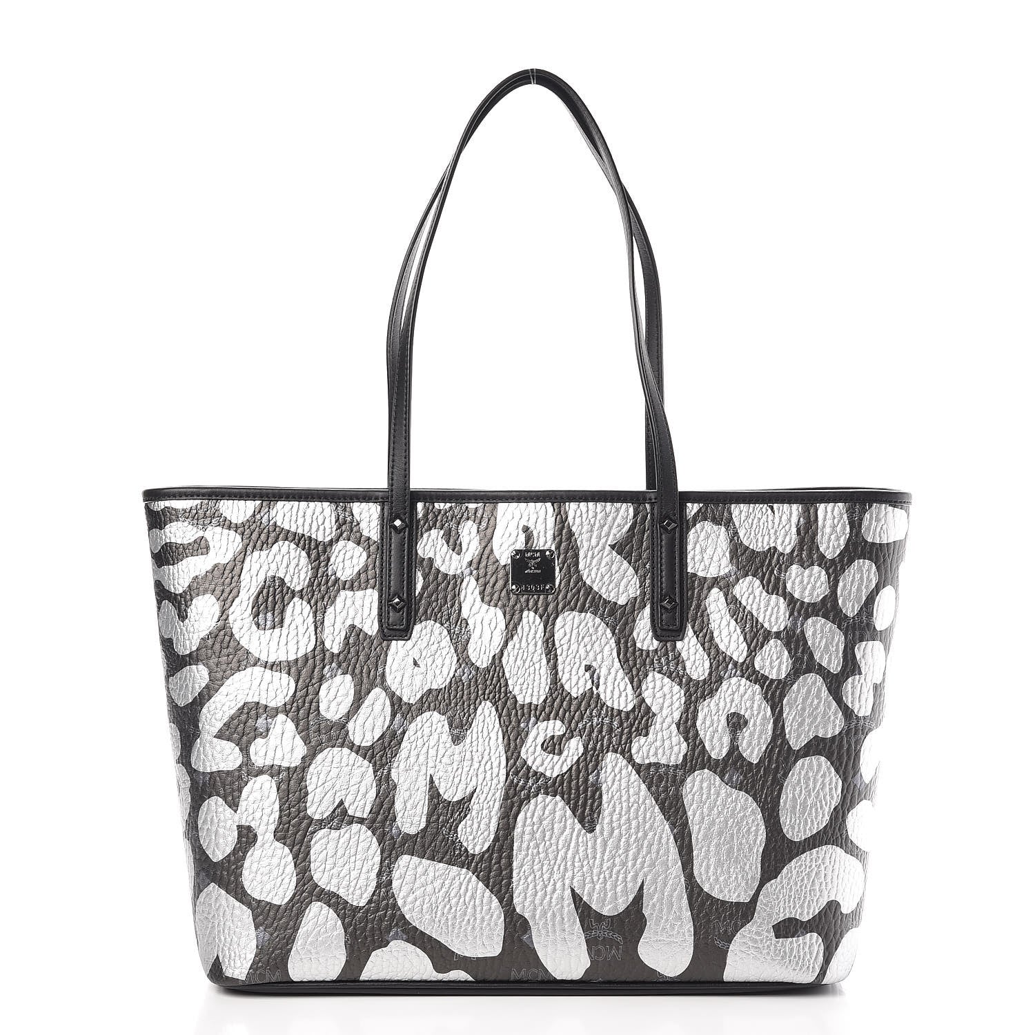 MCM Visetos Metallic Leopard Print Medium Anya Shopper Tote Black 3 of 12