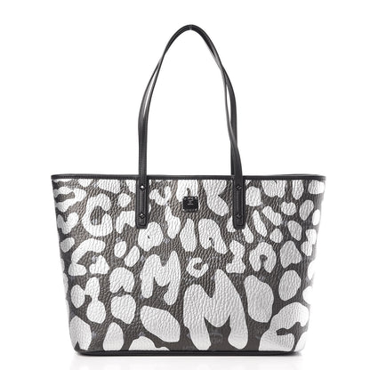 MCM Visetos Metallic Leopard Print Medium Anya Shopper Tote Black 3 of 12