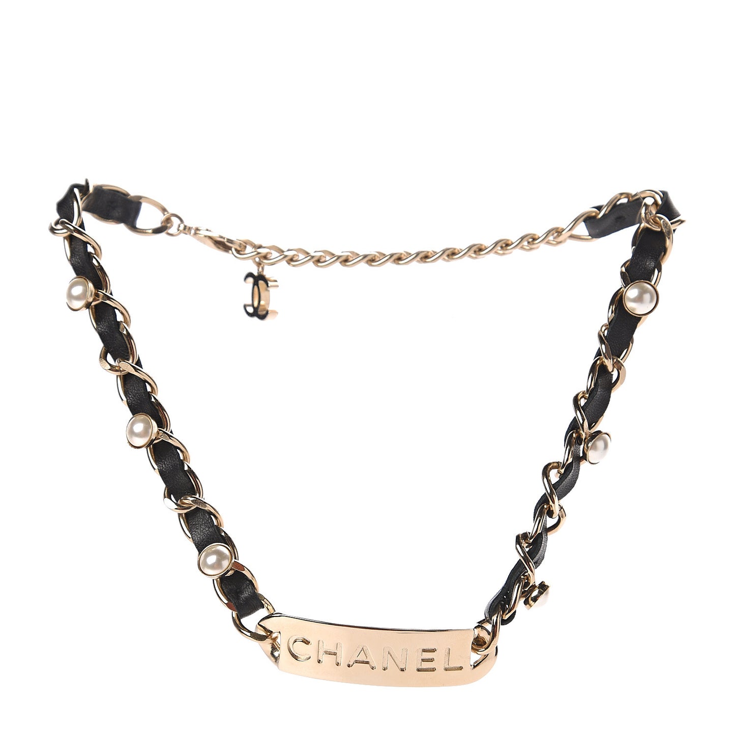 Metal Lambskin Pearl Name Plate Choker Necklace Black Gold