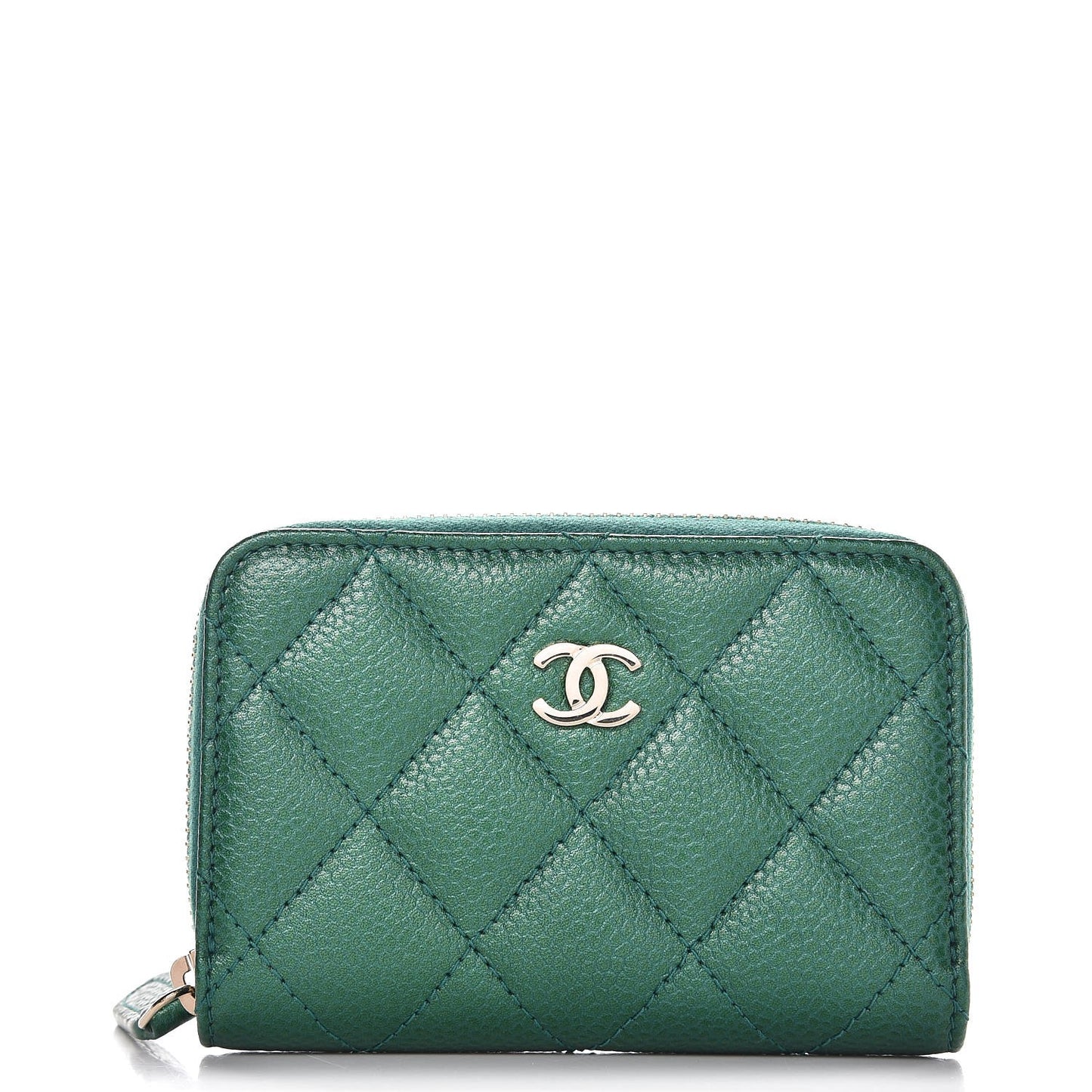 Metallic Caviar Quilted Zip Coin Purse Green