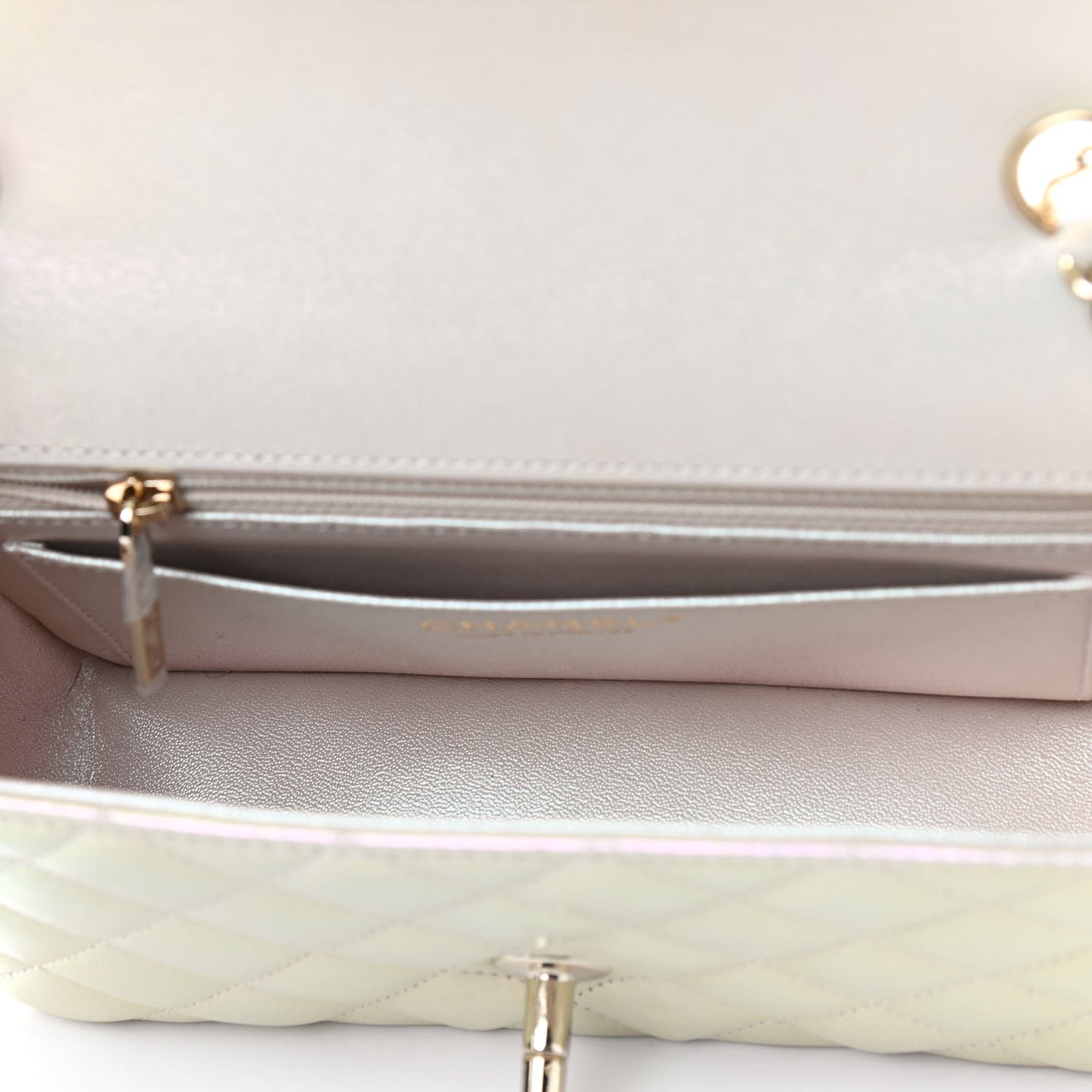 Iridescent Lambskin Quilted Mini Rectangular Flap Ivory
