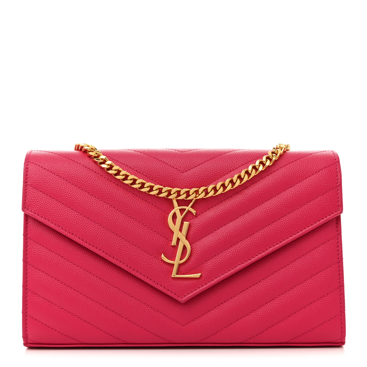 Saint Laurent Grain De Poudre Matelasse Chevron Monogram Chain Wallet Lipstick Fuchsia 1 of 9