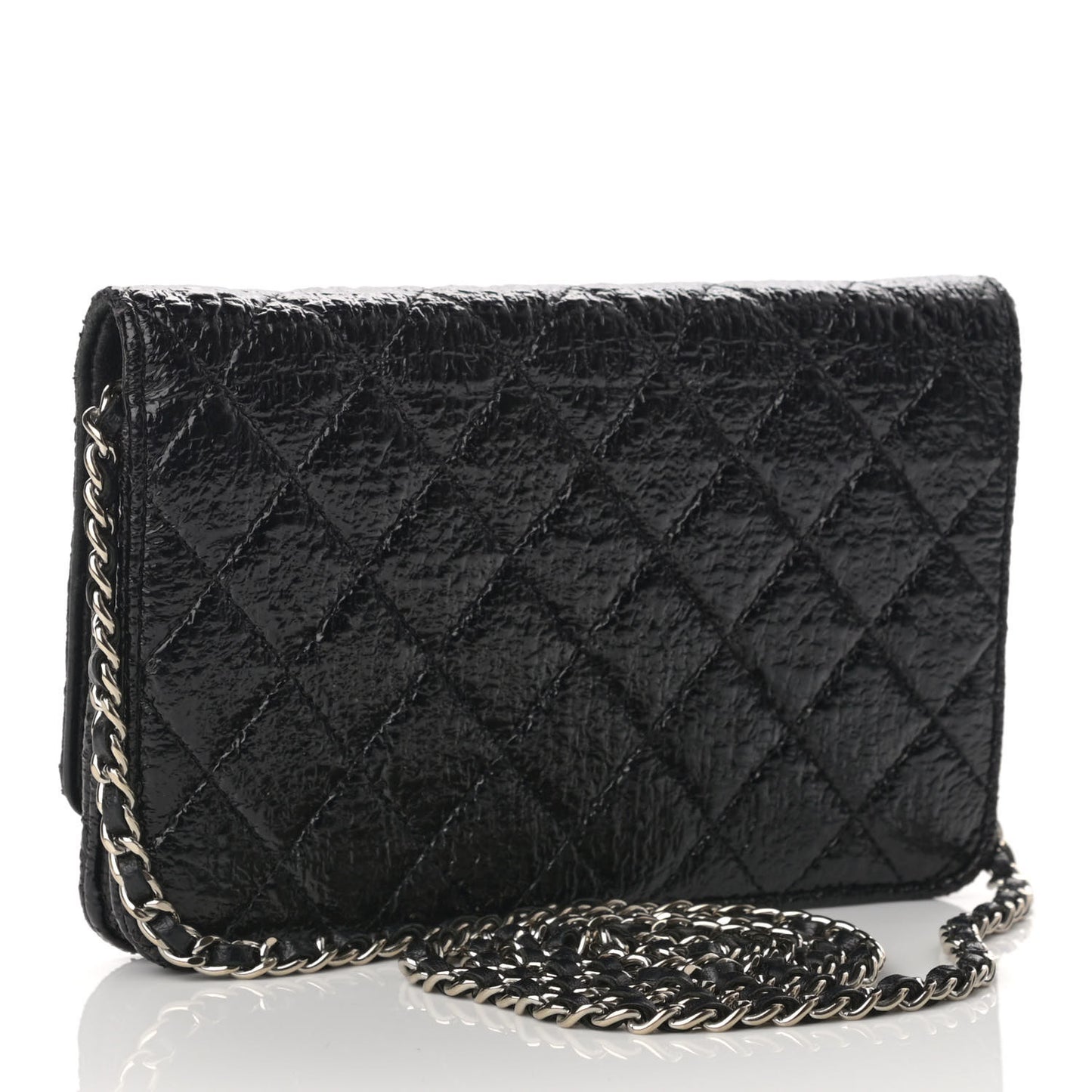 Distressed Patent Calfskin Quilted Wallet on Chain WOC Black