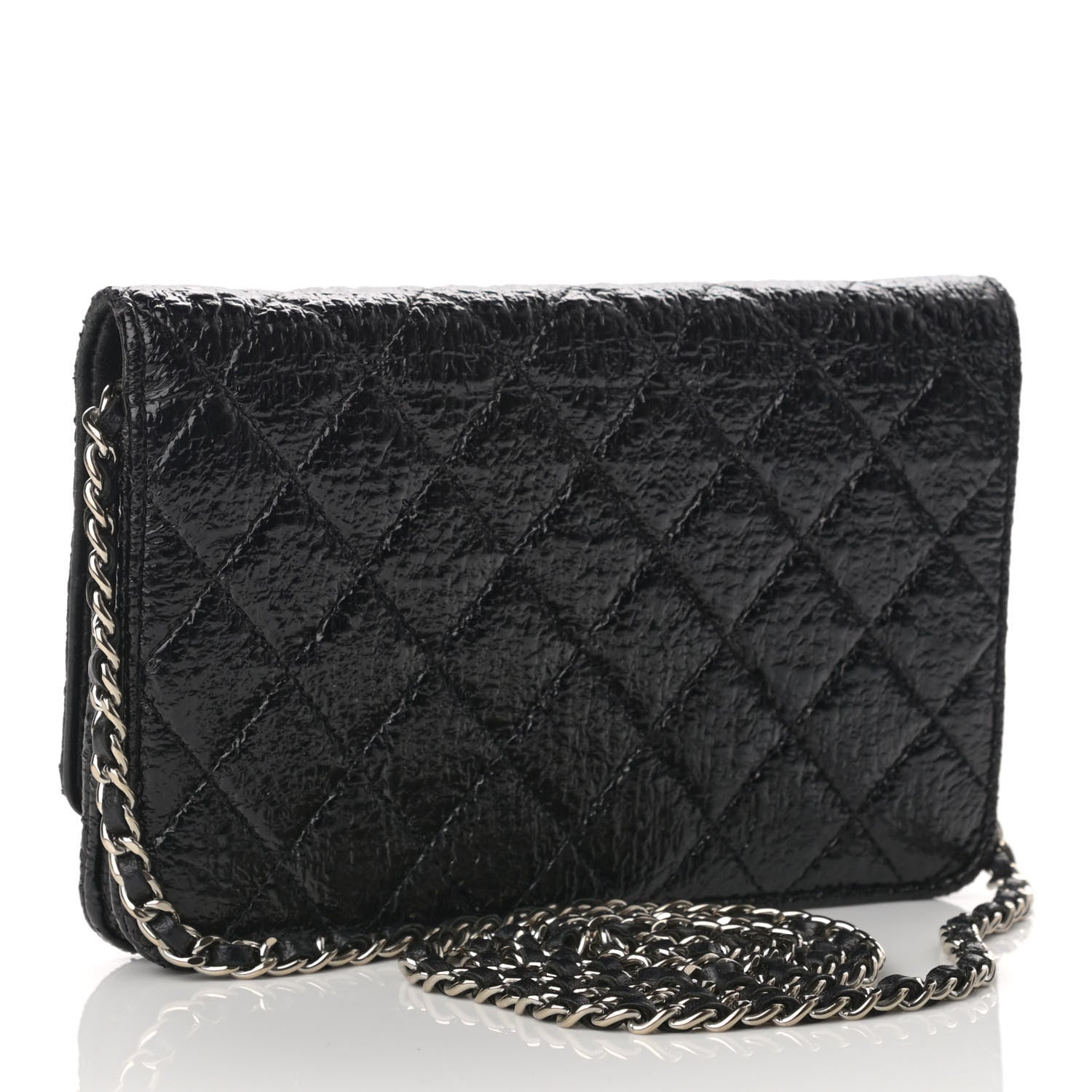 Chanel Distressed Patent Calfskin Quilted Wallet on Chain WOC Black 2 of 11