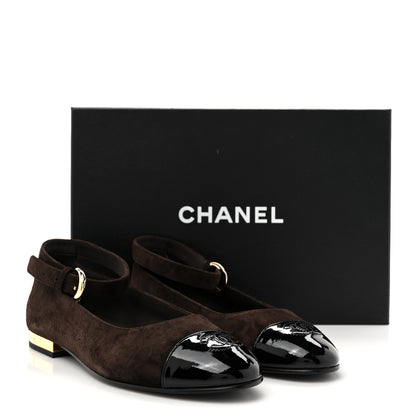 Chanel Suede Patent Cap Toe CC Mary Jane Flats 38 Dark Brown Black 10 of 10