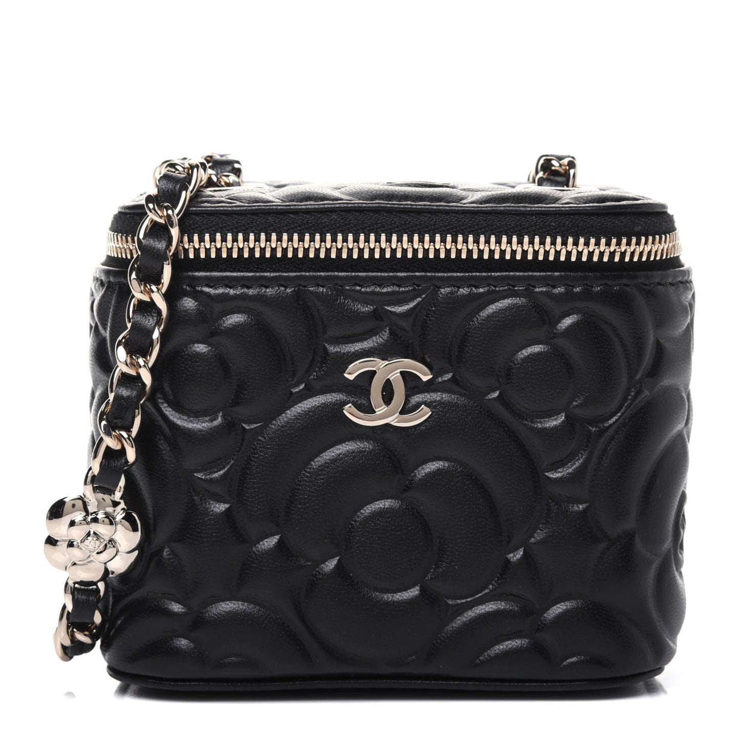 Lambskin Camellia Embossed Mini Vanity Case With Chain Black