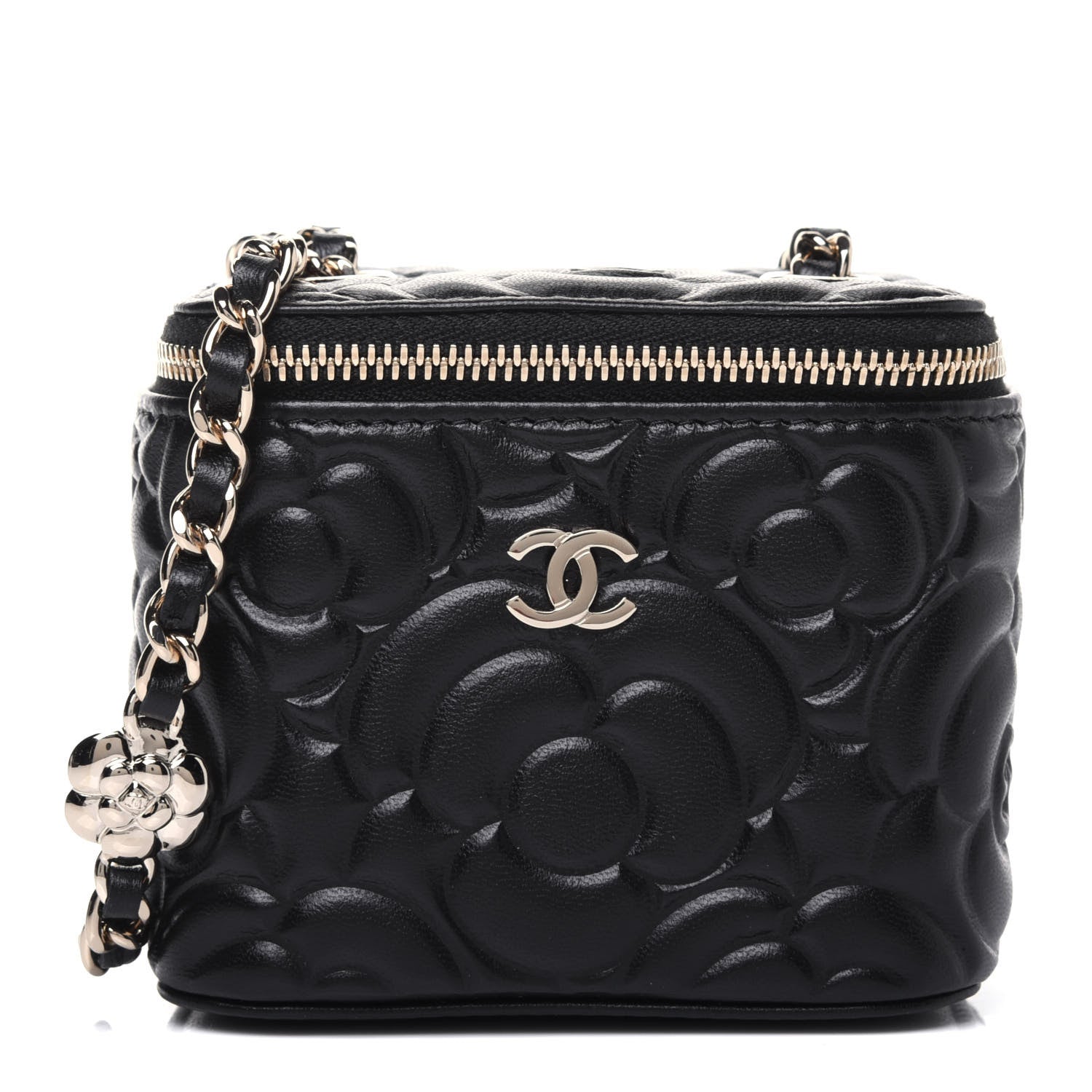 Chanel Lambskin Camellia Embossed Mini Vanity Case With Chain Black 1 of 10
