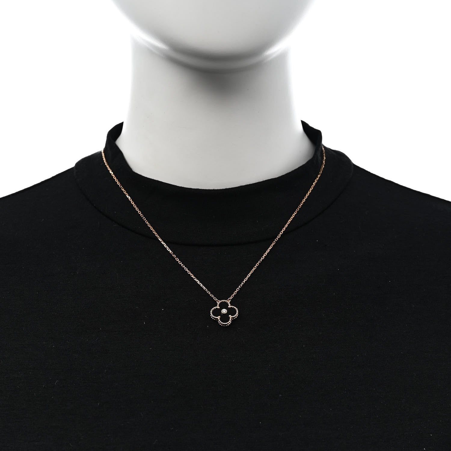 Van Cleef & Arpels 18K Rose Gold Diamond Black Onyx Vintage Alhambra Pendant Necklace 2 of 6