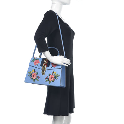 Gucci Calfskin Embroidered Medium Sylvie Top Handle Bag Clear Sky Blue 2 of 9