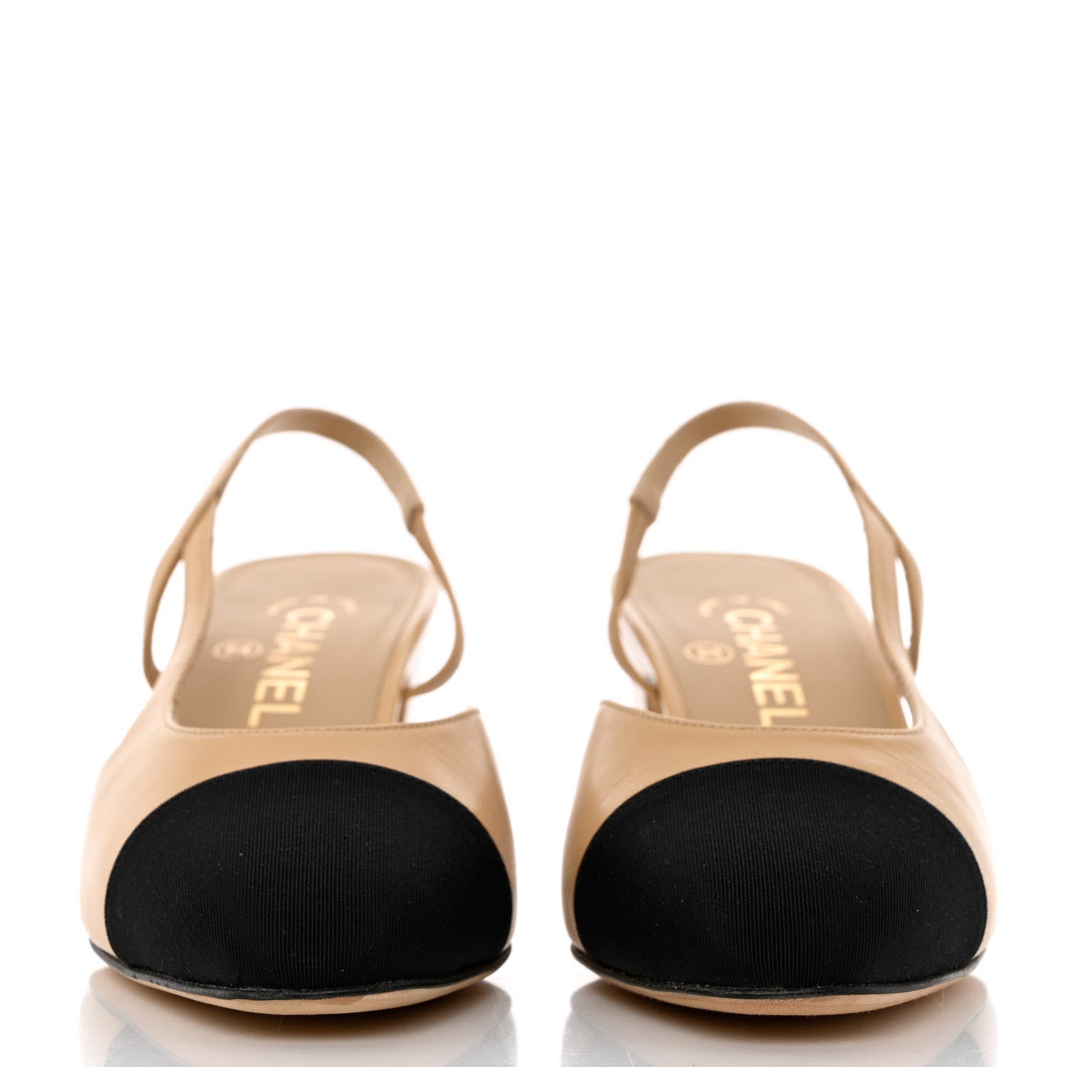 Chanel Goatskin Grosgrain Cap Toe CC Slingback Pumps 38 Beige Black 2 of 9