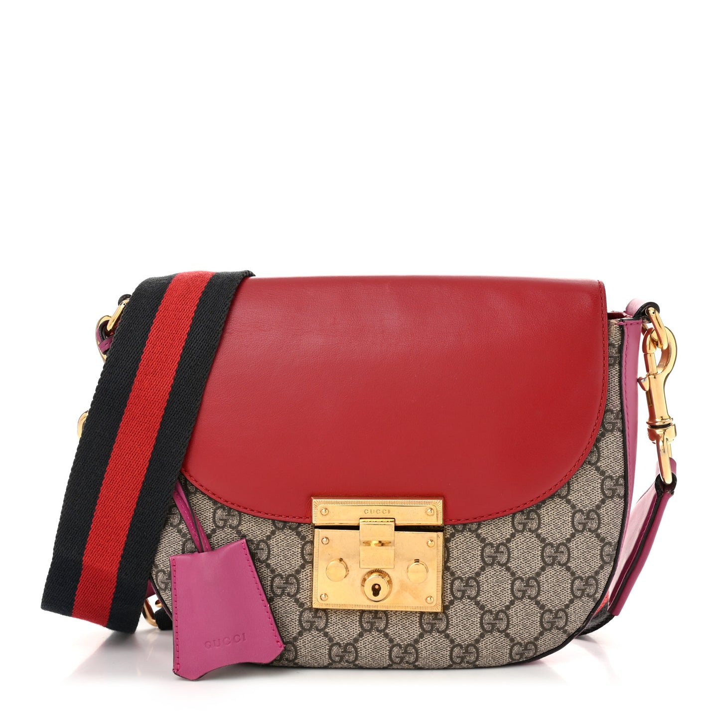 GG Supreme Monogram Calfskin Web Medium Padlock Messenger Shoulder Bag Beige Hibiscus Red New Rosette