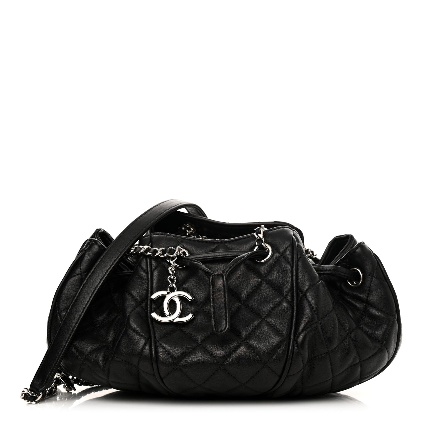 Calfskin Quilted Drawstring Sac Cordon Bag Black