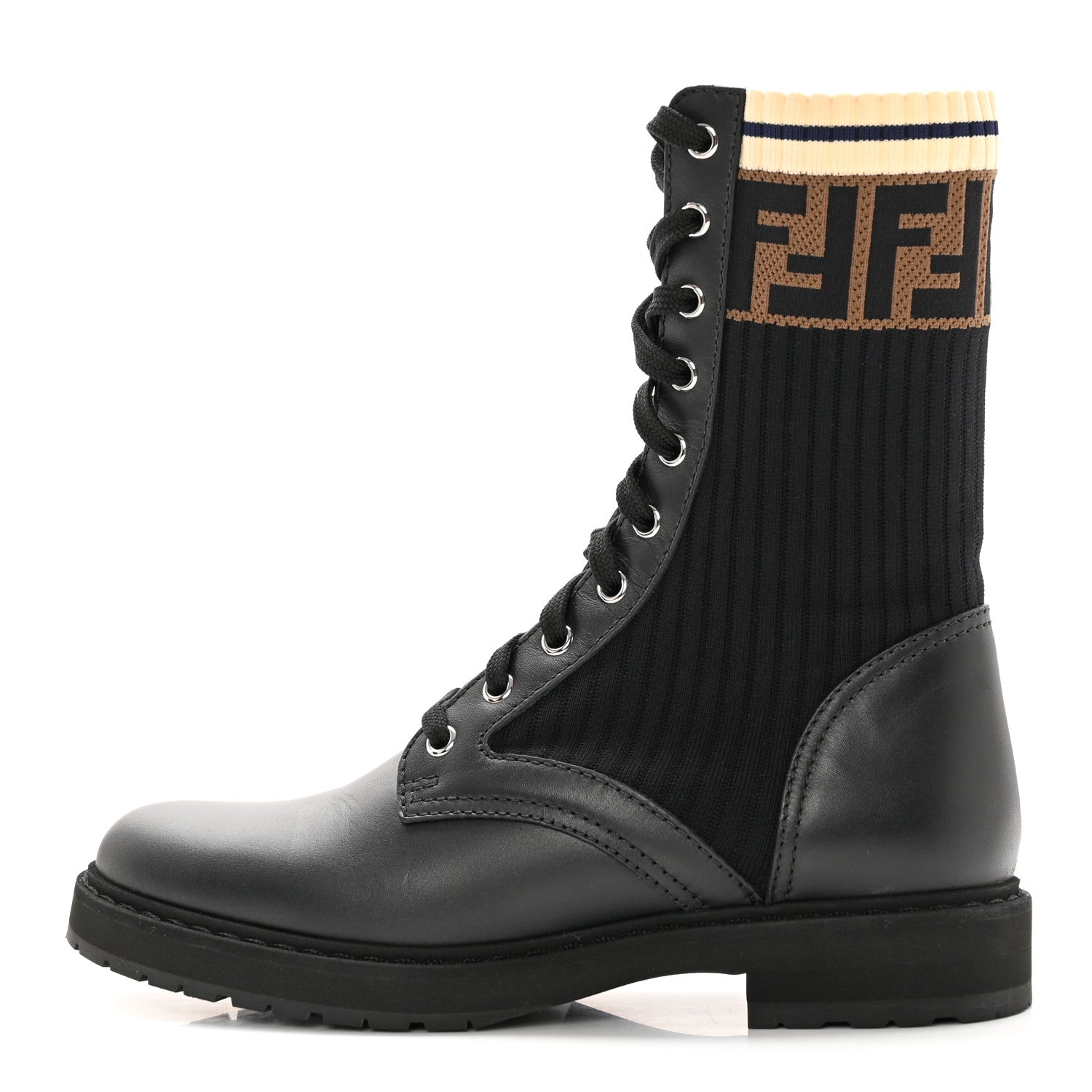Fendi Calfskin Stretch Fabric Rockoko Biker Boots 38.5 Tobacco Black Marino 1 of 8