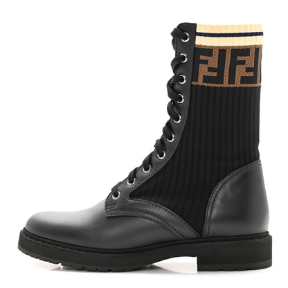 Fendi Calfskin Stretch Fabric Rockoko Biker Boots 38.5 Tobacco Black Marino 1 of 8