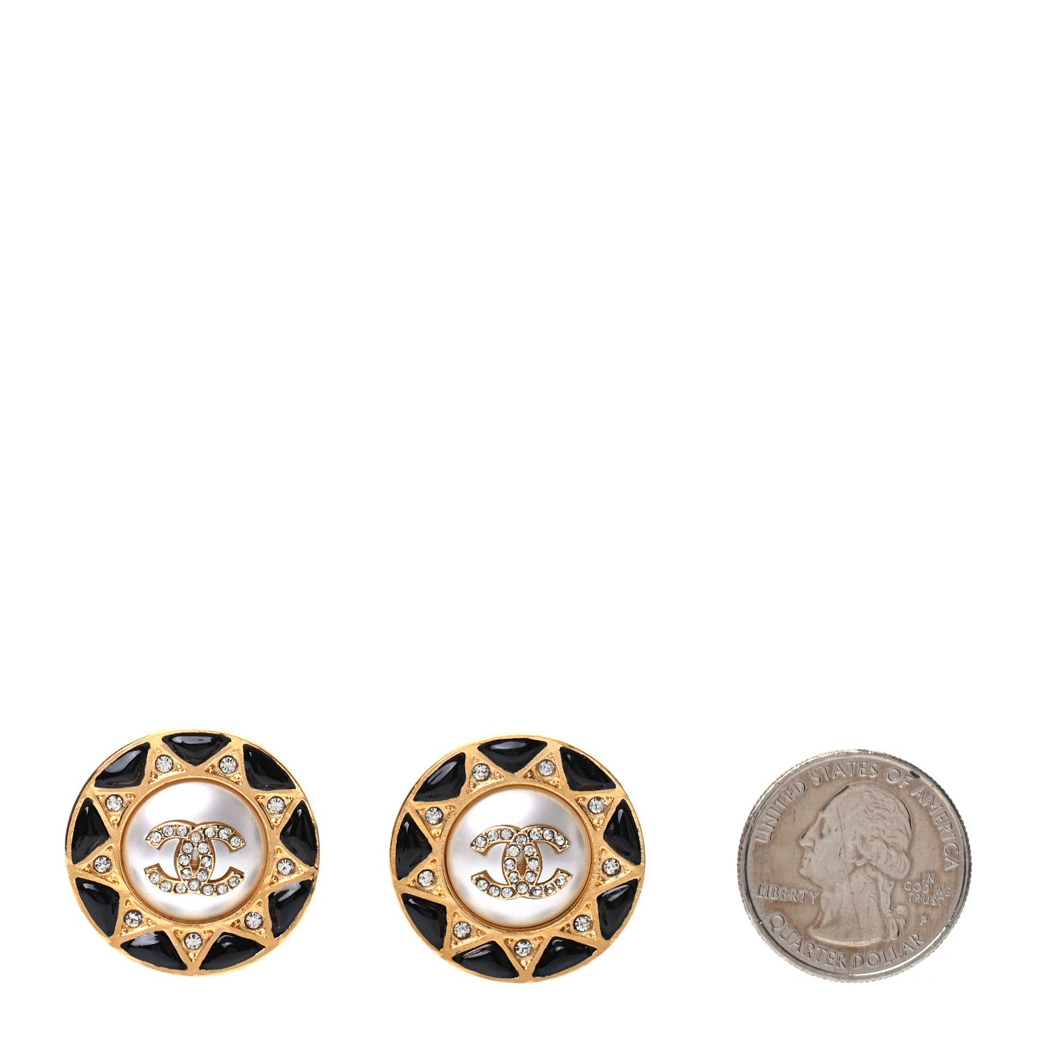 Chanel Pearl Crystal CC Round Earrings Gold Black 2 of 5