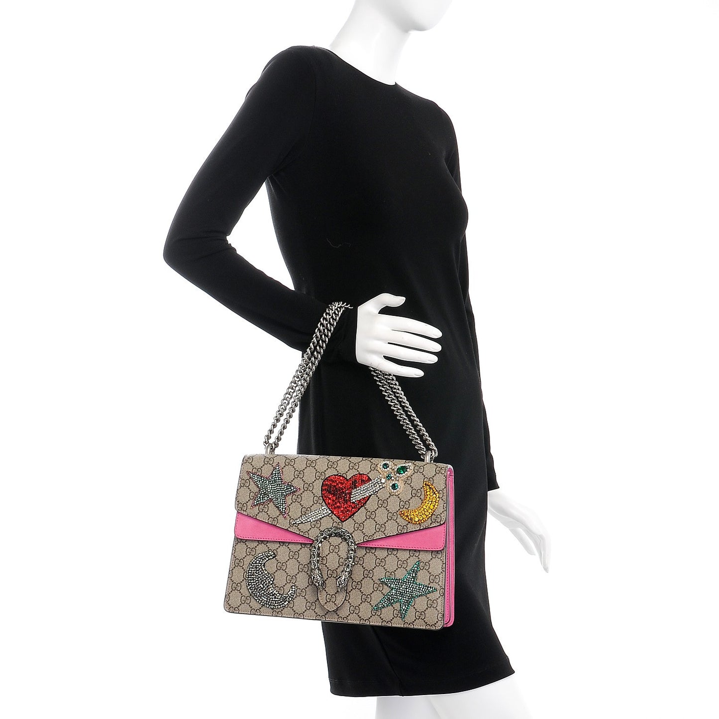 GG Supreme Monogram Suede Pierced Heart Embroidered Medium Dionysus Shoulder Bag Beige Ebony Pink Tropical Flower