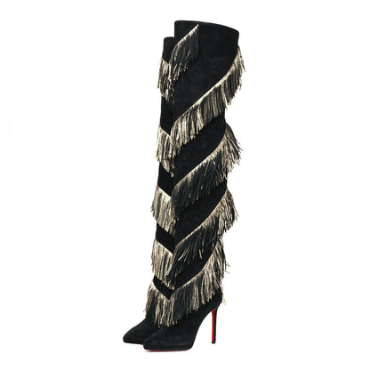 Christian Louboutin Veau Velours Lame Tweed Bolcheva 120 Thigh High Boots 37 Black Platine 3 of 9