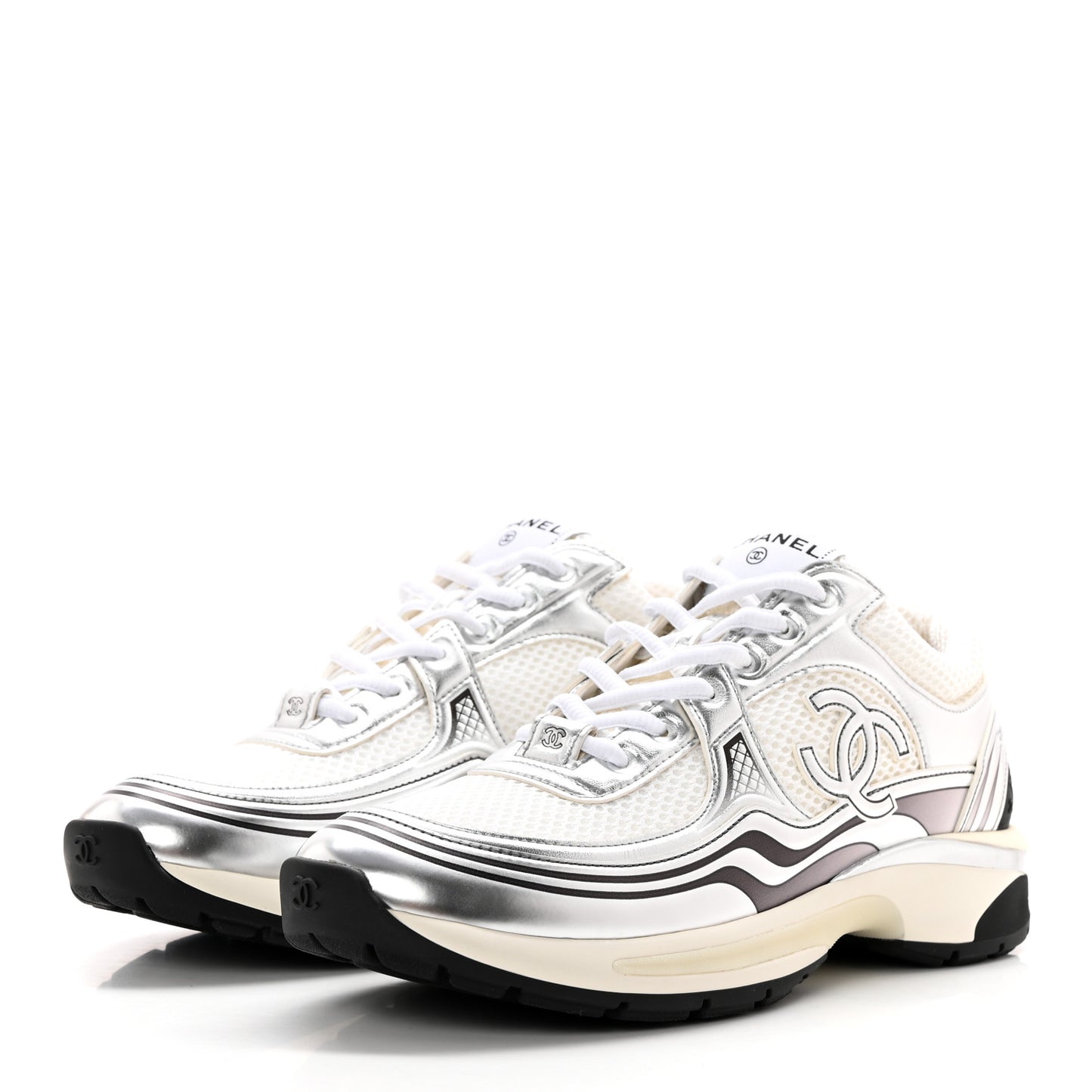 Fabric Laminated Calfskin Stretch CC Womens Sneakers 40 White Silver