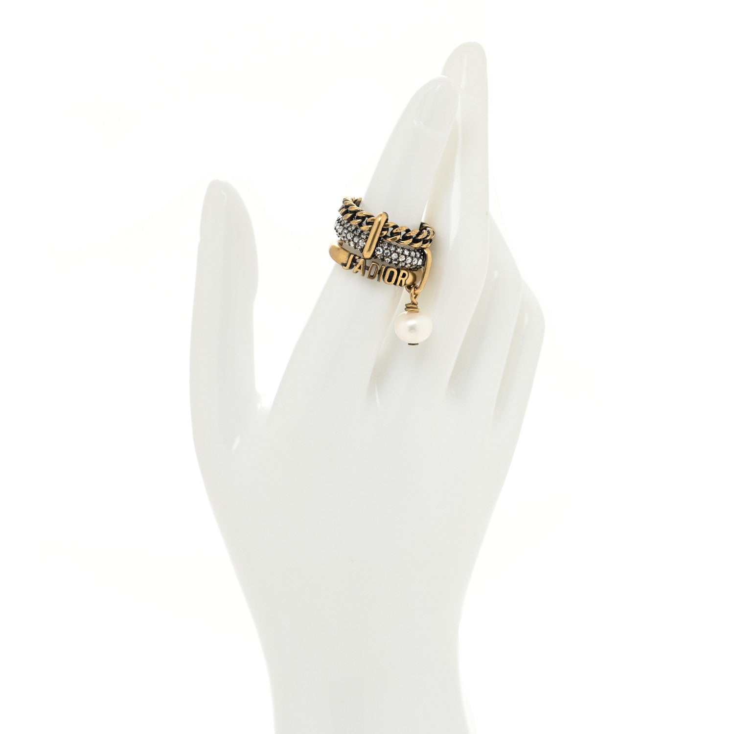 Christian Dior Crystal Pearl Chain J'adior Ring Gold 1130094