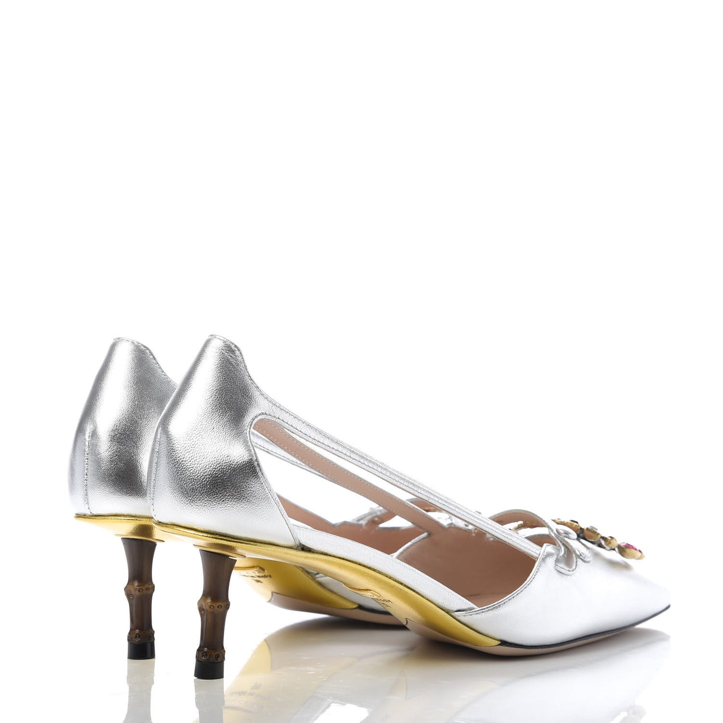 Metallic Nappa Bamboo Crystal Double G Low Heel Pumps 38 Argento