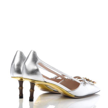 Gucci Metallic Nappa Bamboo Crystal Double G Low Heel Pumps 38 Argento 4 of 9
