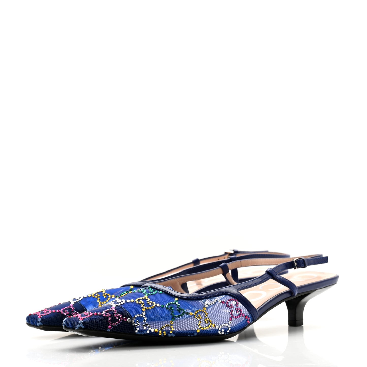 Tela Retino Nappa Charlotte Crystal GG Monogram Square G 35mm Slingback Pumps 38.5 Splash Net Blue Witch