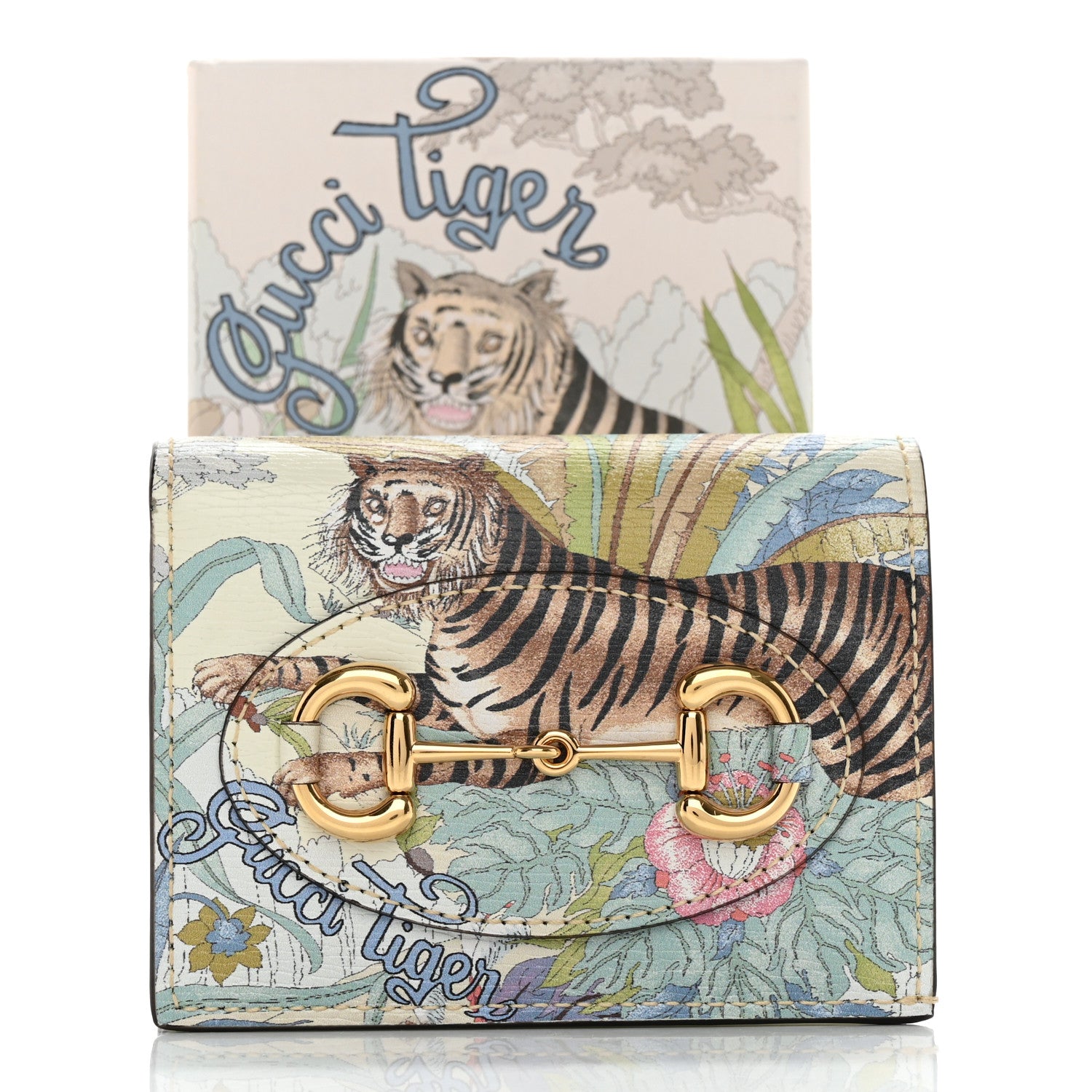 Gucci New Shangai Calfskin Tiger Savanah Horsebit 1955 Card Case Wallet Chalky White Multicolor 11 of 11
