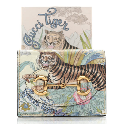 Gucci New Shangai Calfskin Tiger Savanah Horsebit 1955 Card Case Wallet Chalky White Multicolor 11 of 11