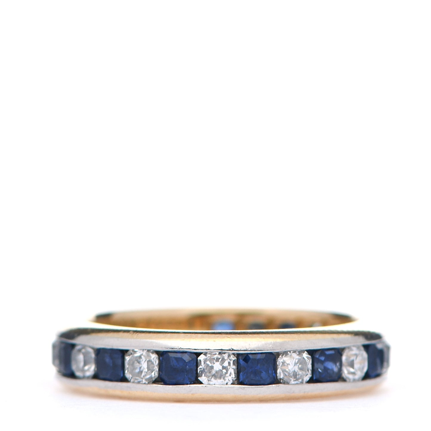 18K Yellow Gold Platinum Diamond Blue Sapphire 4mm Lucida Band Ring 49 5