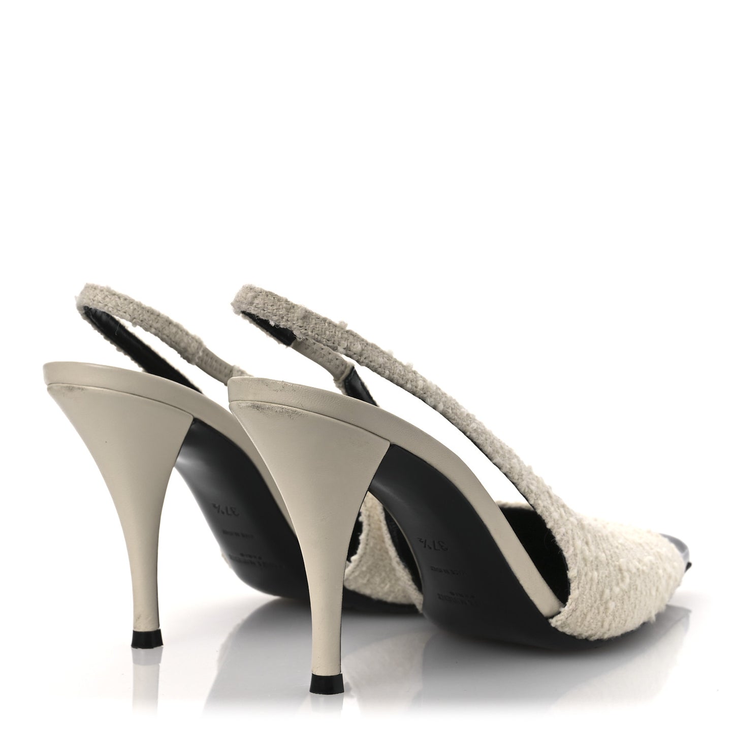 Tweed Patent Cap Toe Vesper Slingback Pumps 37.5 White