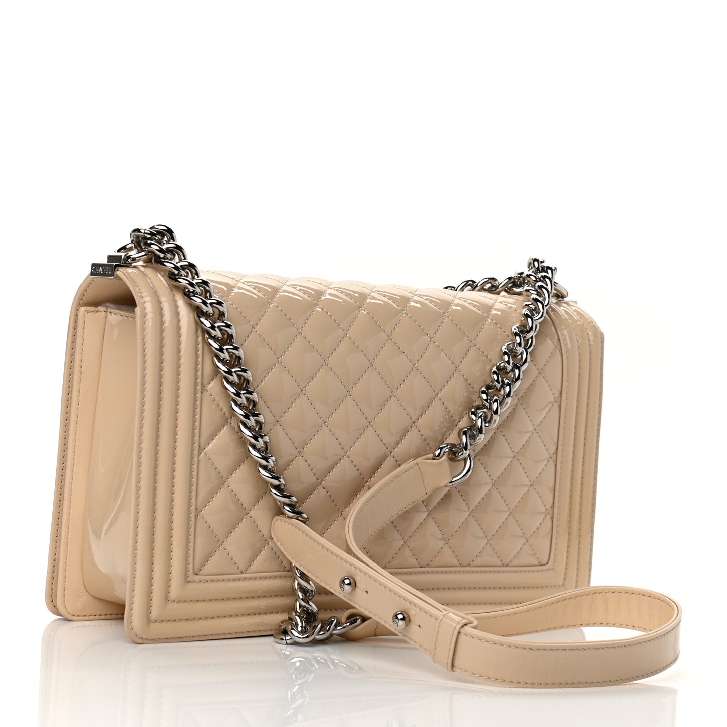 Patent Calfskin New Medium Boy Flap Plexiglass Beige