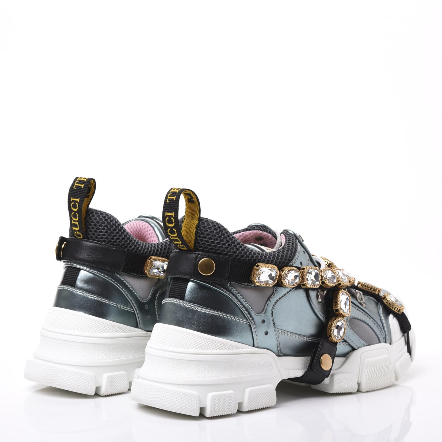 X SEGA Metallic Calfskin Removable Crystals Womens Flashtrek Sneakers 39 Lago Loess Silver