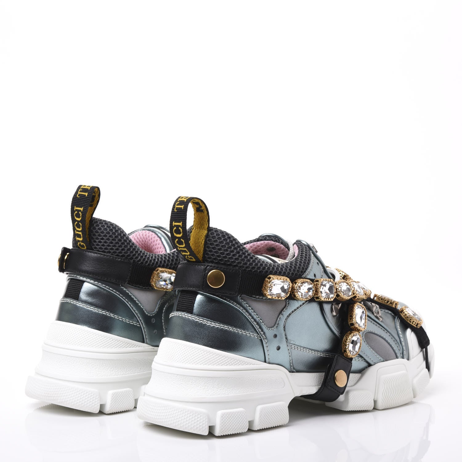 Gucci X SEGA Metallic Calfskin Removable Crystals Womens Flashtrek Sneakers 39 Lago Loess Silver 4 of 8