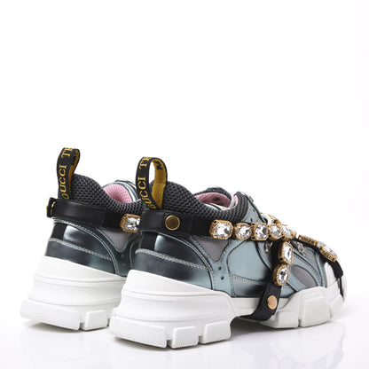 Gucci X SEGA Metallic Calfskin Removable Crystals Womens Flashtrek Sneakers 39 Lago Loess Silver 4 of 8