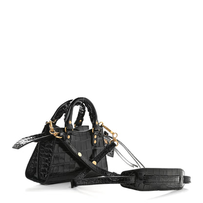 Balenciaga Shiny Supple Calfskin Crocodile Embossed Neo Classic Gold Hardware Nano City Crossbody Black 2 of 7