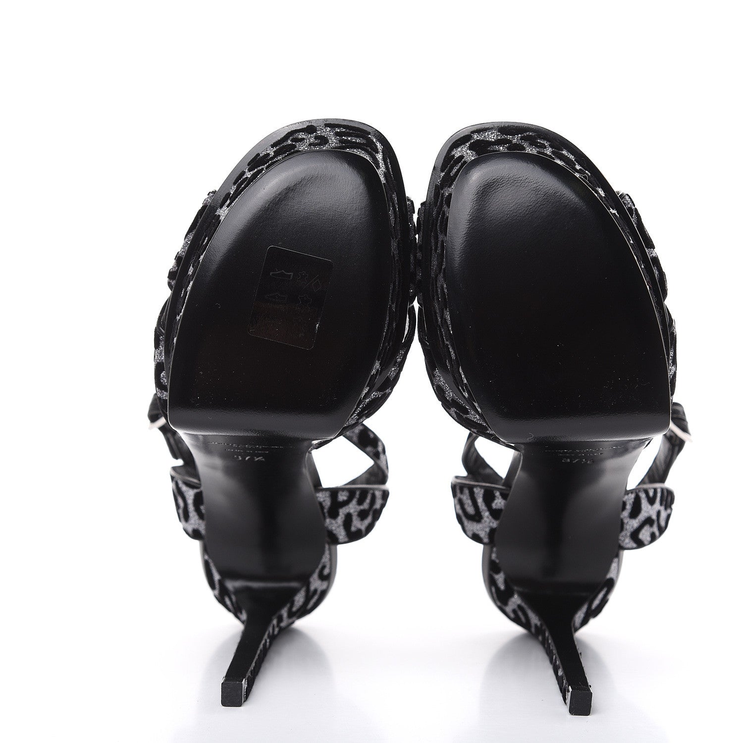 Saint Laurent Velvet Glitter Leopard Print Platform Sandals 37.5 Argento Black 5 of 9