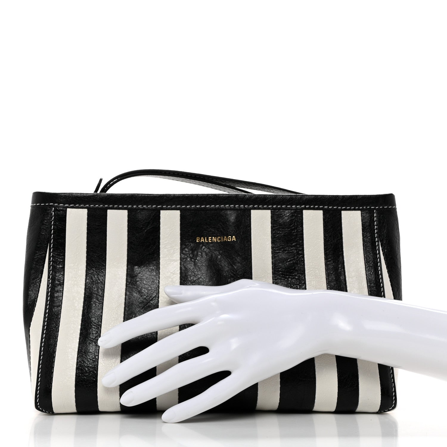 Balenciaga Agneau Arena Striped Patchwork Small Barbes Z Pouch with Handle Black White 2 of 10