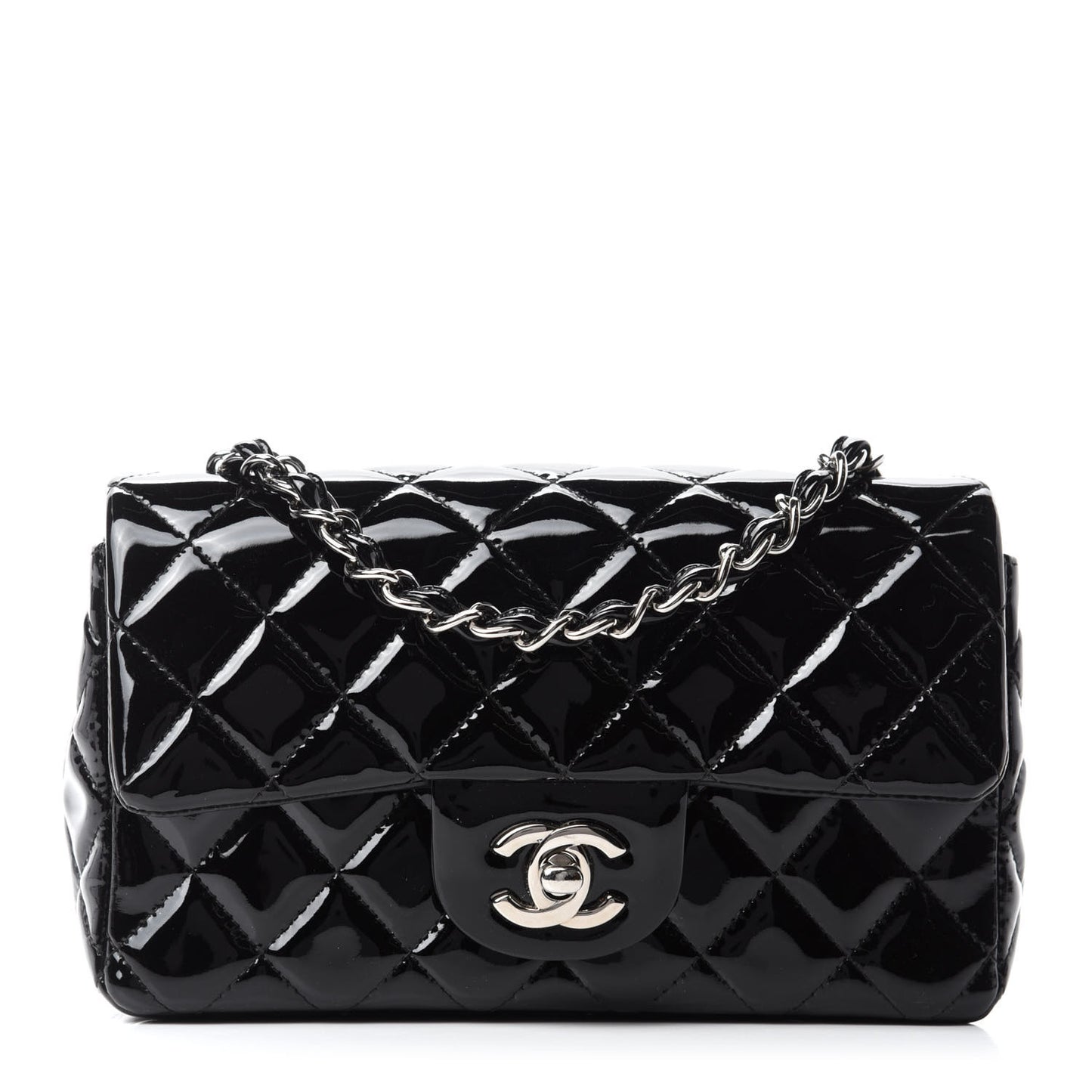 Patent Calfskin Quilted Mini Rectangular Flap Black