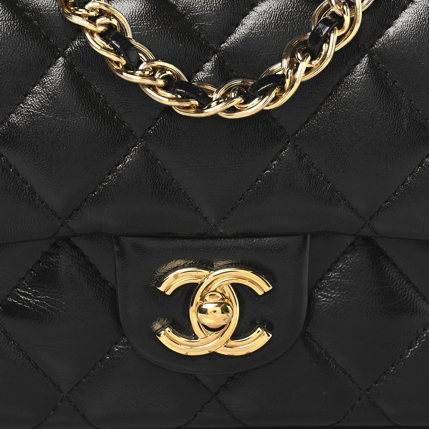 Shiny Lambskin Quilted Golden Links Top Handle Flap Black